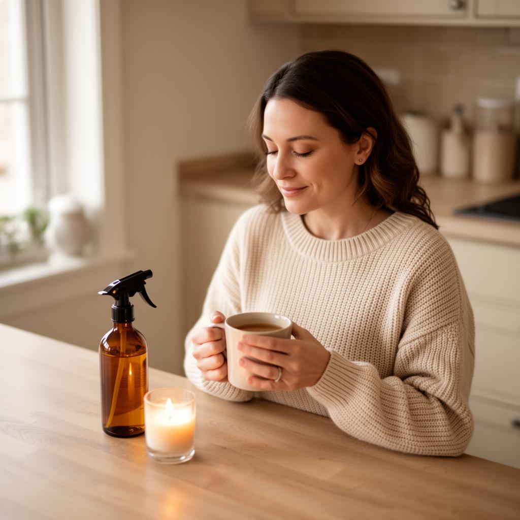A calm woman with a warm mug at her kitchen counter
