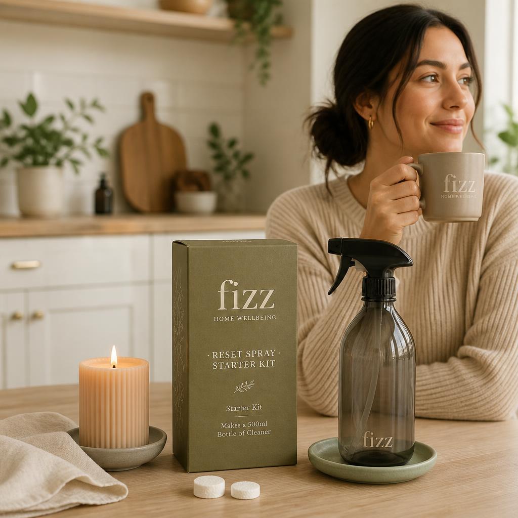 A calm woman with a warm mug and Fizz products at her kitchen counter